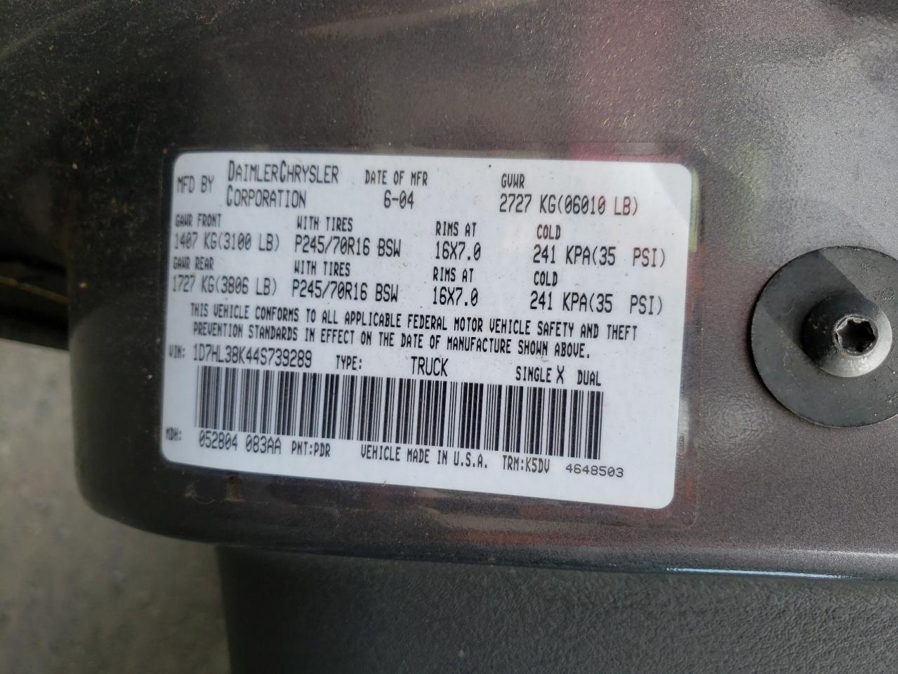 Photo 10 from auction – 2004 DODGE DAKOTA QUA with VIN 1D7HL38K44S739289