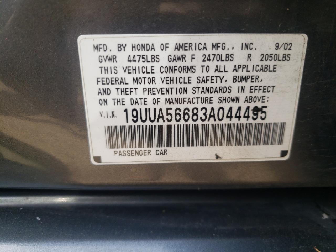 Photo 10 from auction – 2003 ACURA 3.2TL with VIN 19UUA56683A044495