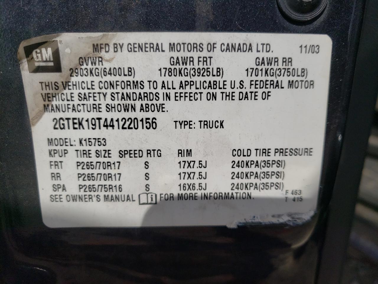 Photo 10 from auction – 2004 GMC SIERRA with VIN 2GTEK19T441220156
