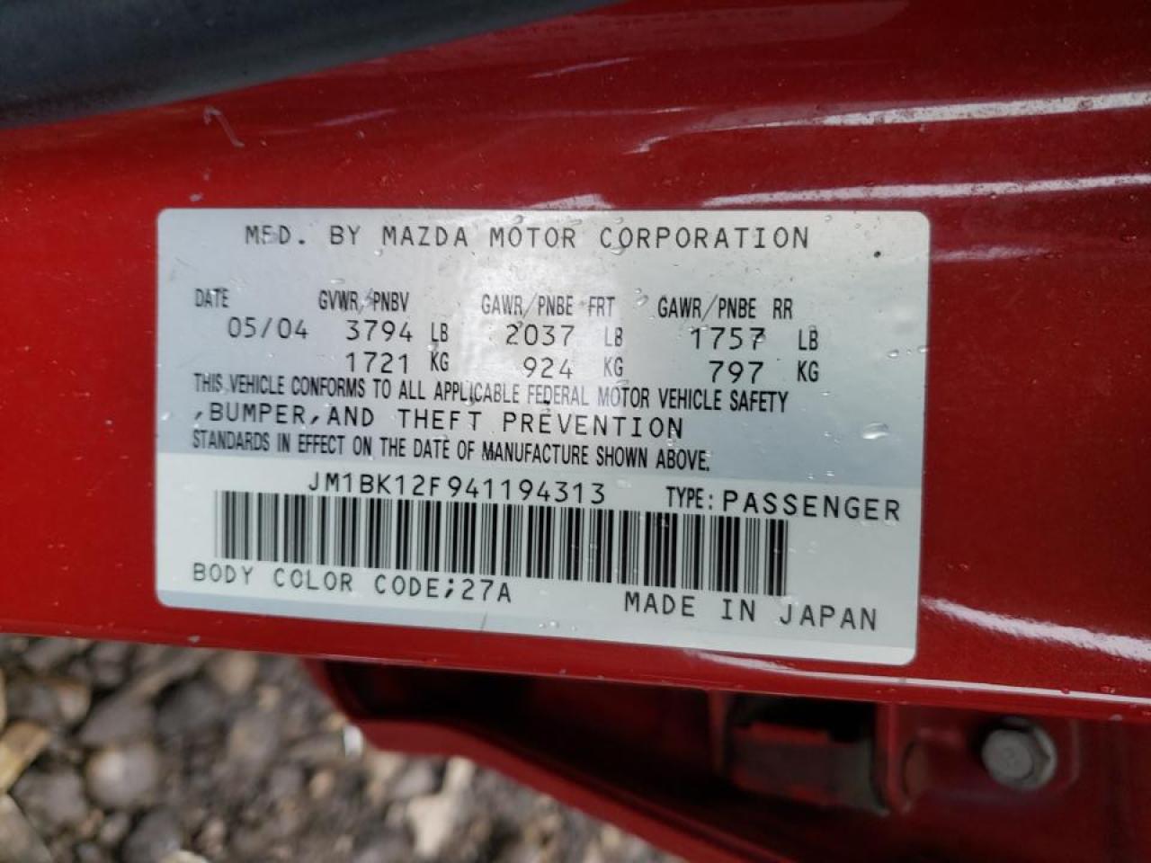 Photo 10 from auction – 2004 MAZDA 3 I with VIN JM1BK12F941194313