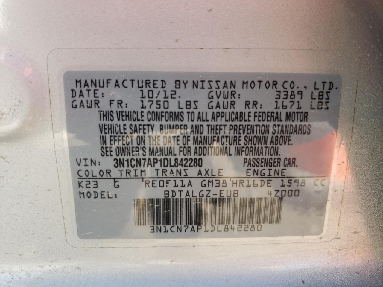 Photo 10 from auction – 2013 NISSAN VERSA S with VIN 3N1CN7AP1DL842280