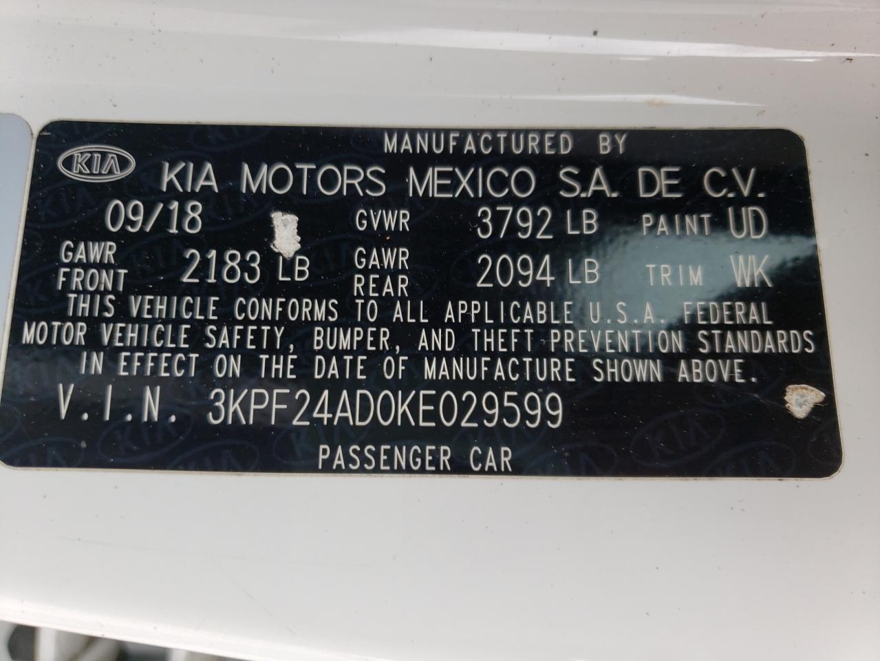 Photo 10 from auction – 2019 KIA FORTE FE with VIN 3KPF24AD0KE029599