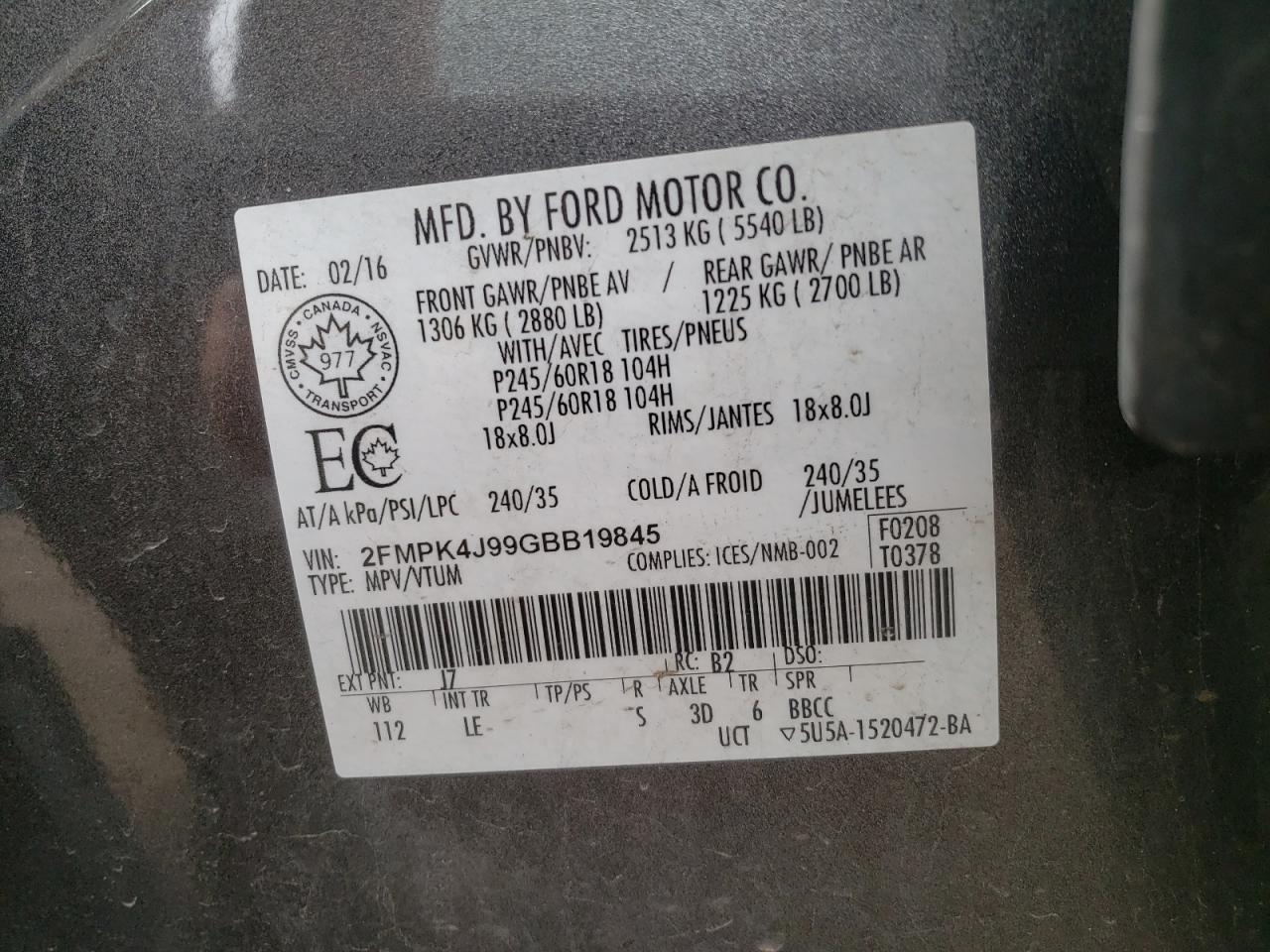 Photo 10 from auction – 2016 FORD EDGE SEL with VIN 2FMPK4J99GBB19845