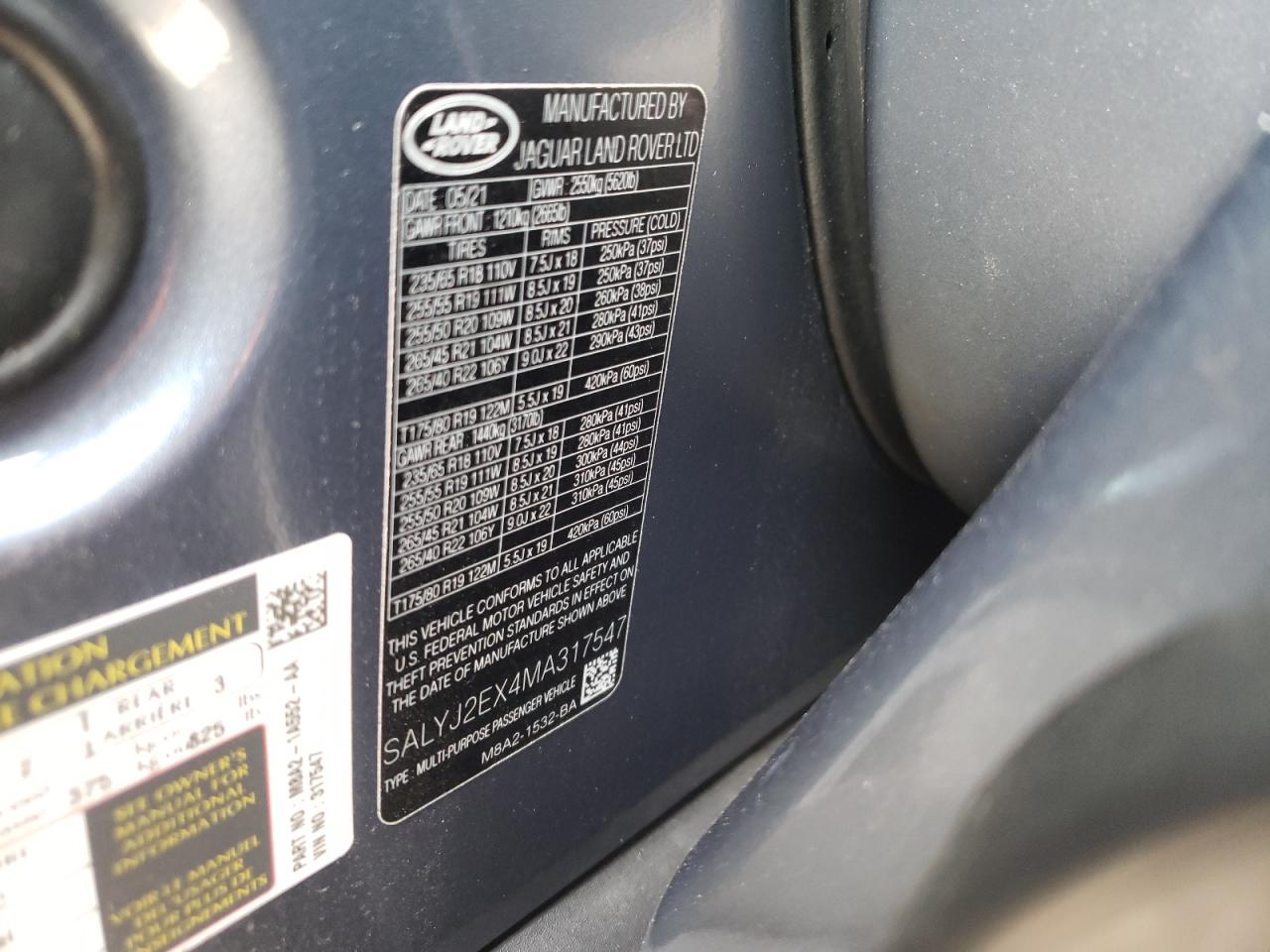 Photo 10 from auction – 2021 LAND ROVER RANGE ROVE with VIN SALYJ2EX4MA317547