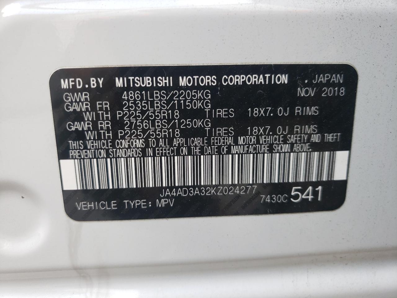 Photo 11 from auction – 2019 MITSUBISHI OUTLANDER with VIN JA4AD3A32KZ024277