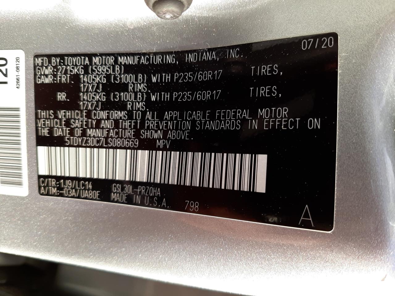 Photo 10 from auction – 2020 TOYOTA SIENNA XLE with VIN 5TDYZ3DC7LS080669
