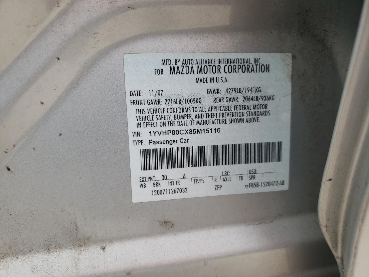 Photo 10 from auction – 2008 MAZDA 6 I with VIN 1YVHP80CX85M15116