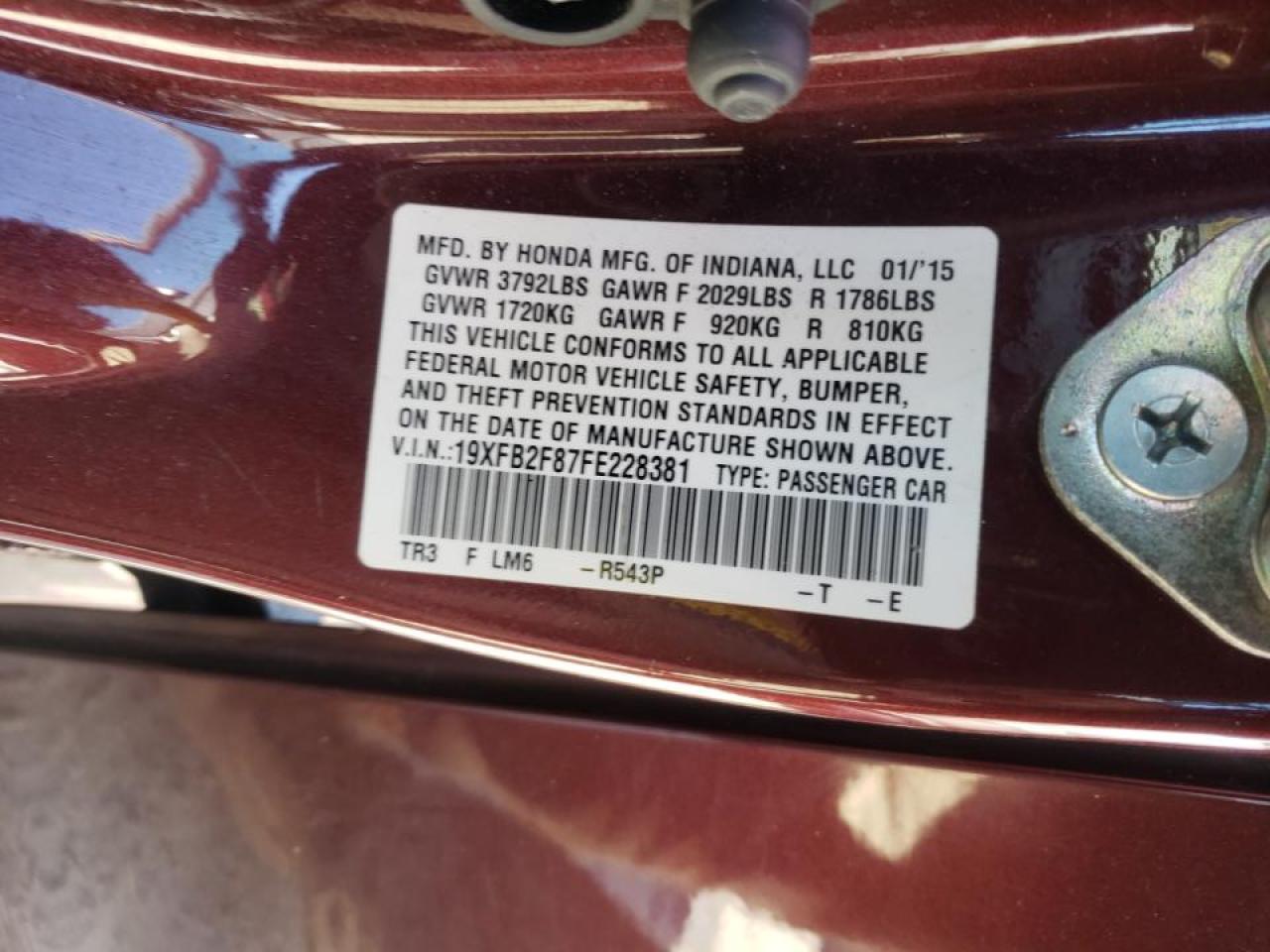 Foto 10 de la subasta – 2015 HONDA CIVIC EX con VIN 19XFB2F87FE228381
