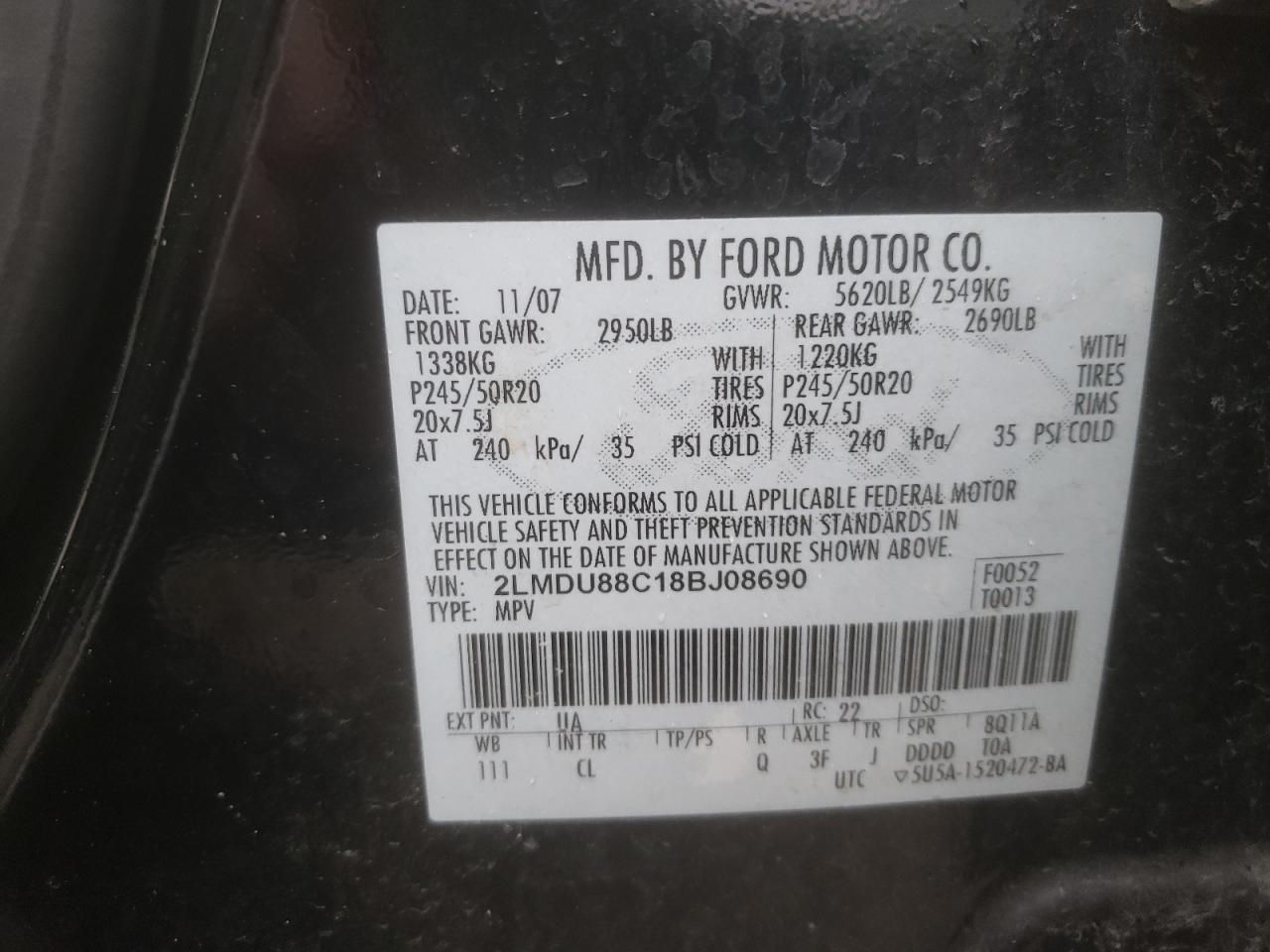 Photo 10 from auction – 2008 LINCOLN MKX with VIN 2LMDU88C18BJ08690