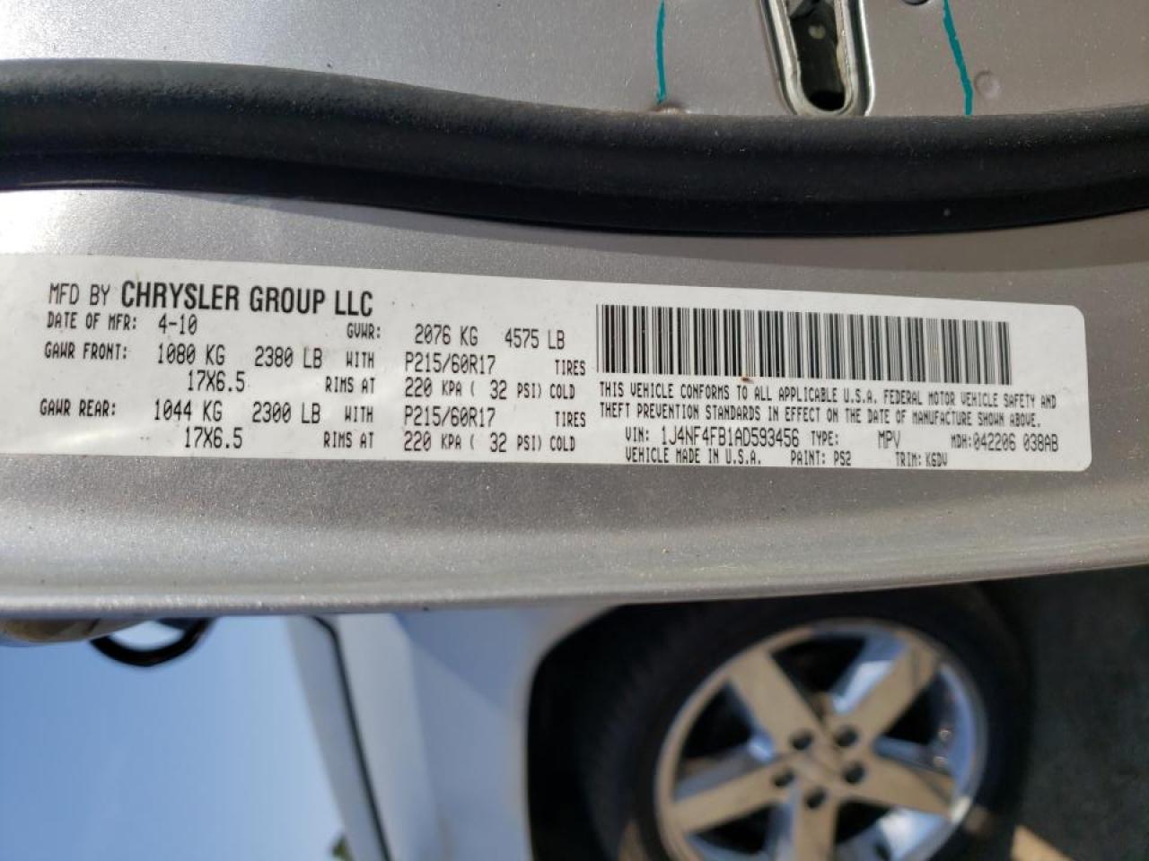 Photo 10 from auction – 2010 JEEP COMPASS SP with VIN 1J4NF4FB1AD593456