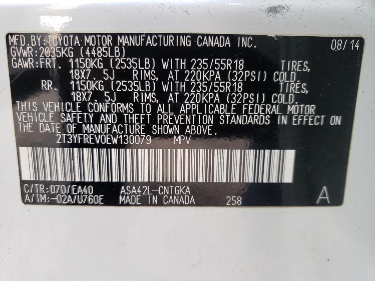 Photo 10 from auction – 2014 TOYOTA RAV4 LIMIT with VIN 2T3YFREV0EW130079