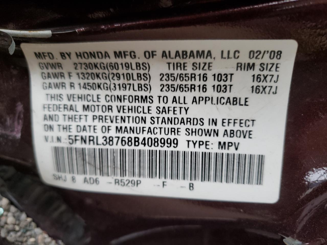 Photo 10 from auction – 2008 HONDA ODYSSEY EX with VIN 5FNRL38768B408999