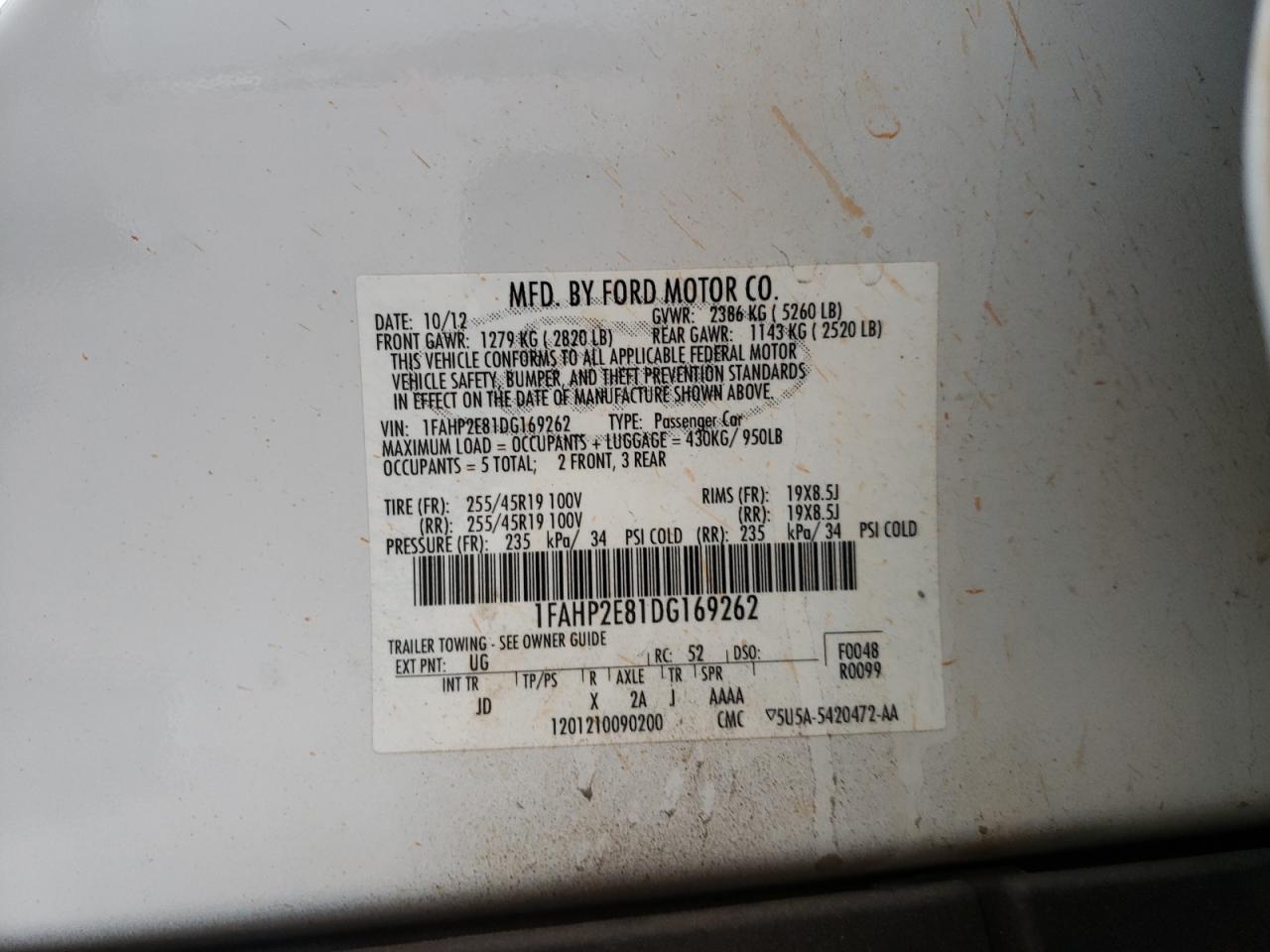 Photo 10 from auction – 2013 FORD TAURUS SEL with VIN 1FAHP2E81DG169262