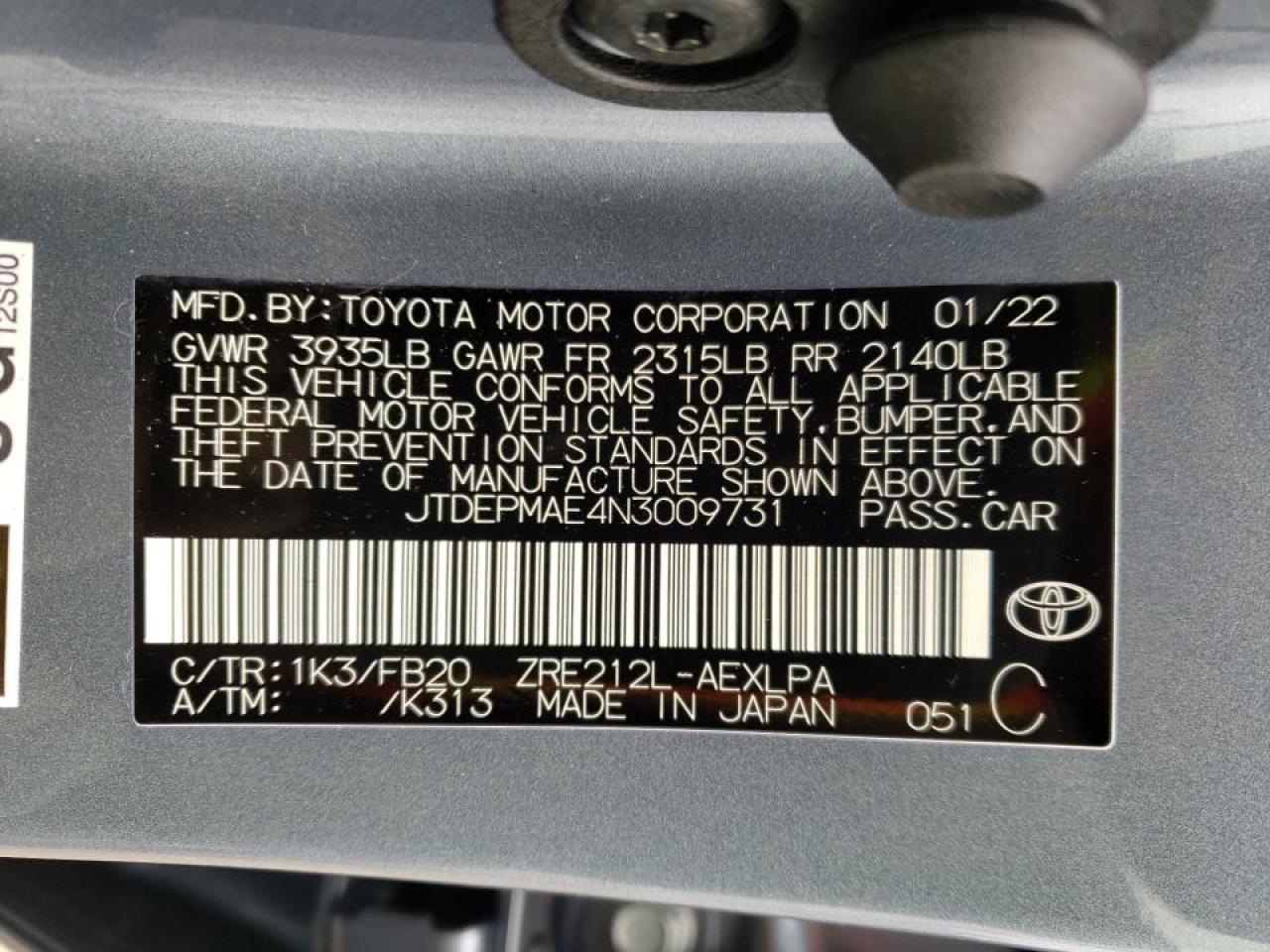 Photo 10 from auction – 2022 TOYOTA COROLLA LE with VIN JTDEPMAE4N3009731