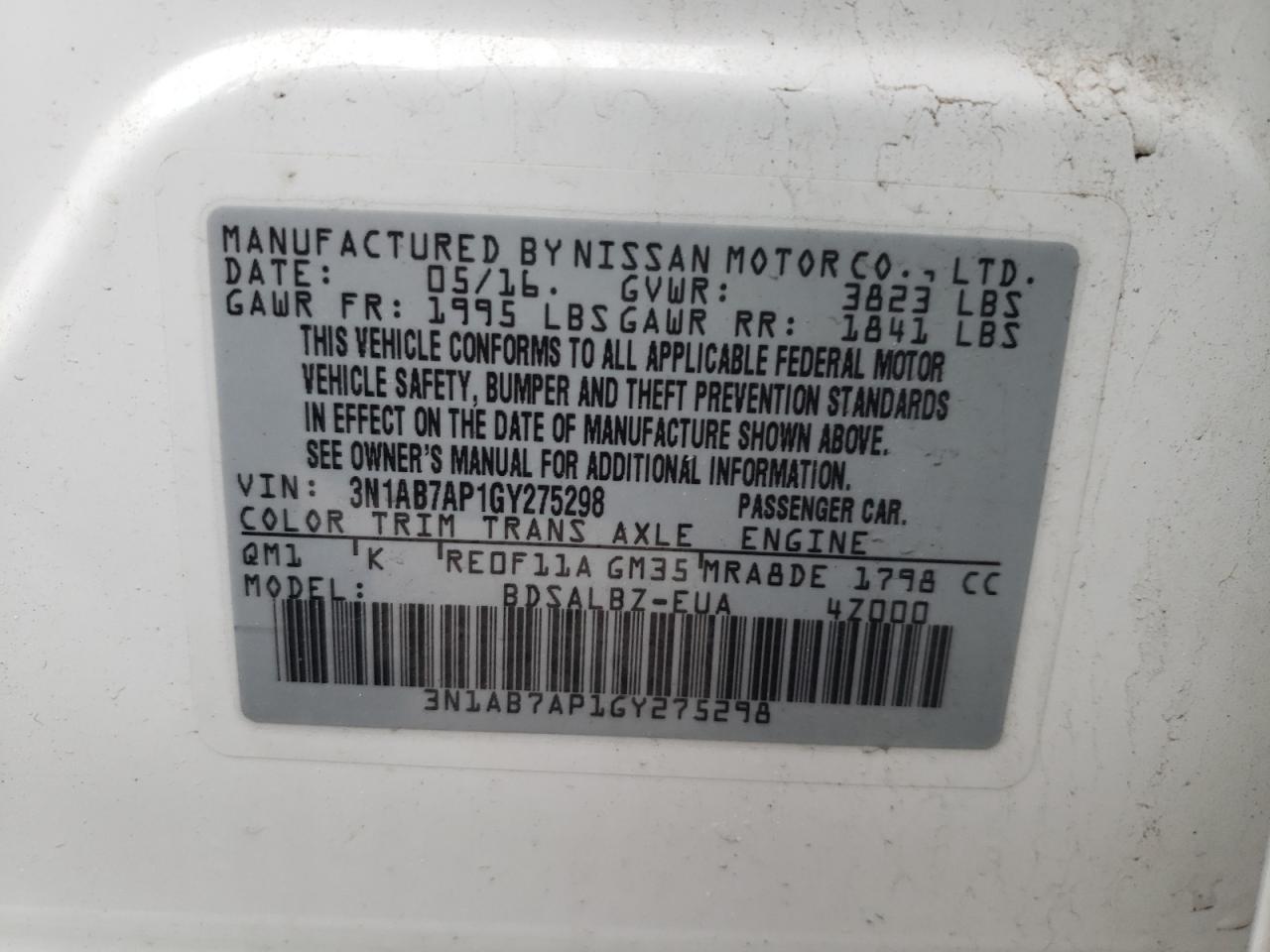 Photo 10 from auction – 2016 NISSAN SENTRA S with VIN 3N1AB7AP1GY275298
