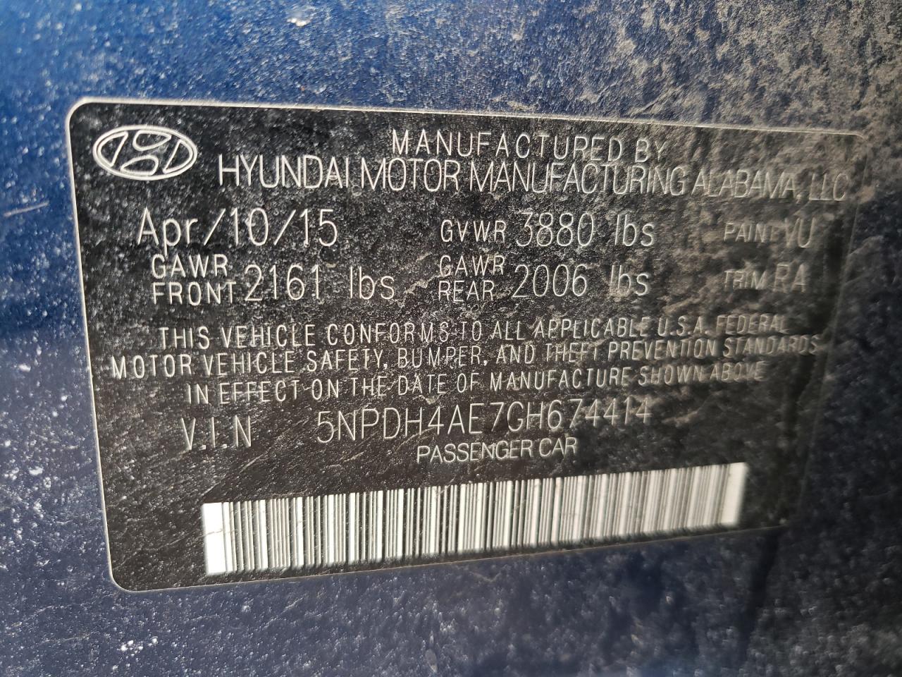 Photo 10 from auction – 2016 HYUNDAI ELANTRA SE with VIN 5NPDH4AE7GH674414