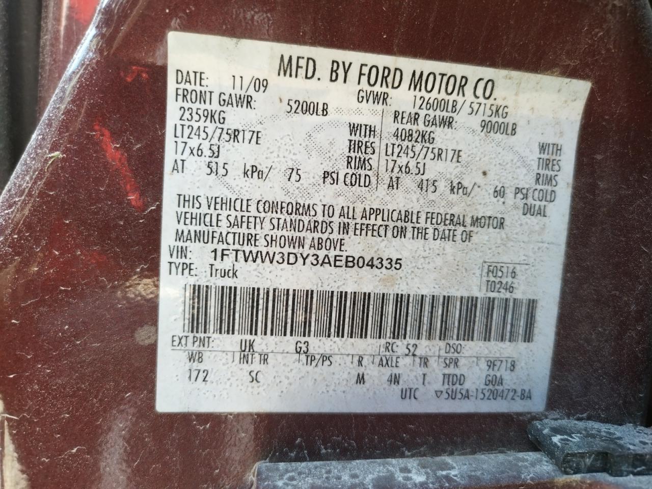 Photo 10 from auction – 2010 FORD F350 SUPER with VIN 1FTWW3DY3AEB04335
