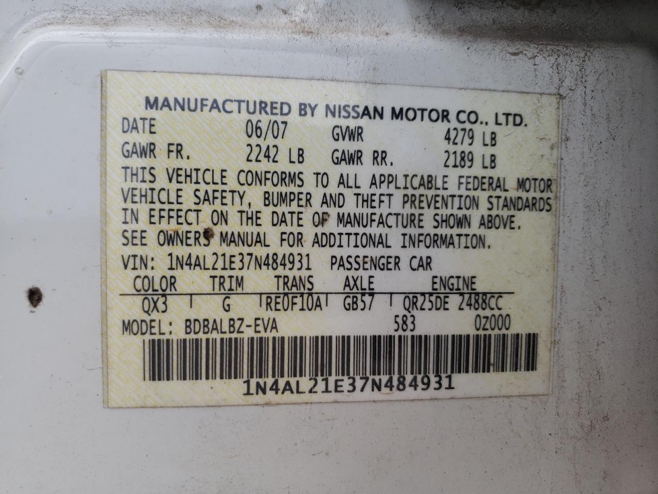 Photo 10 from auction – 2007 NISSAN ALTIMA with VIN 1N4AL21E37N484931