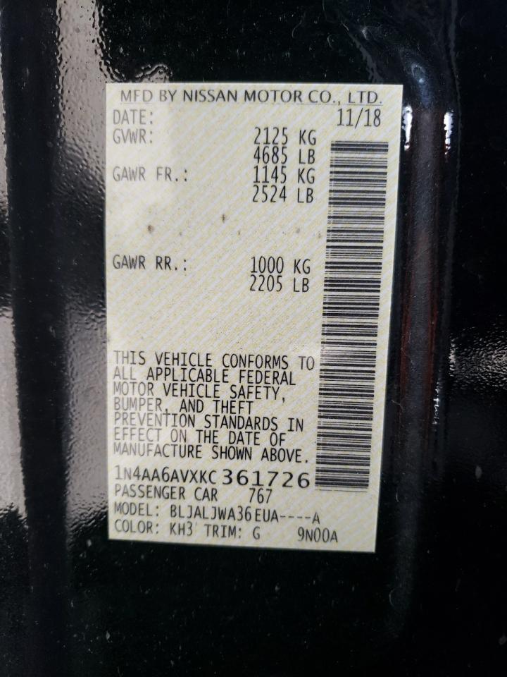 Photo 10 from auction – 2019 NISSAN MAXIMA S with VIN 1N4AA6AVXKC361726