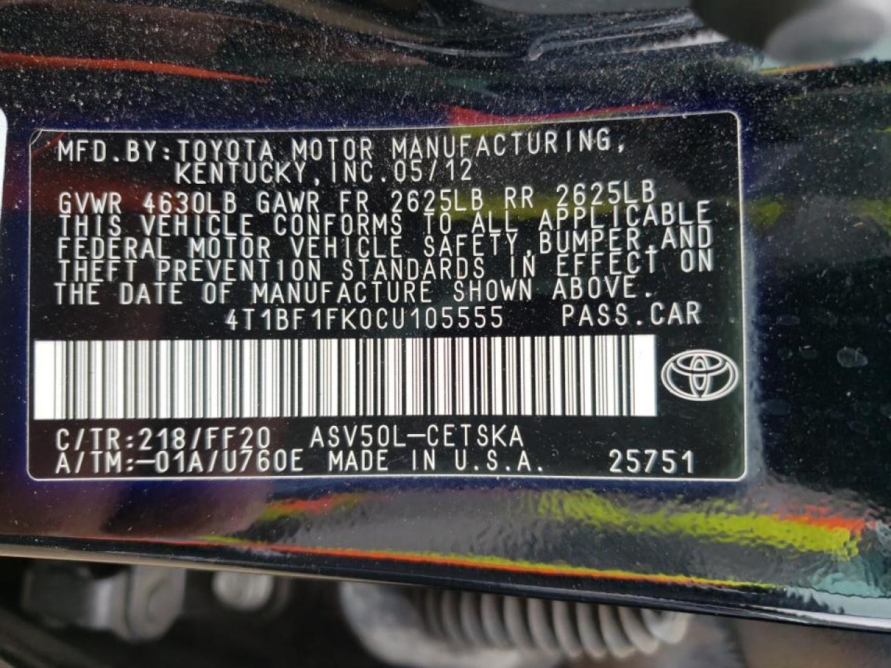 Photo 10 from auction – 2012 TOYOTA CAMRY BASE with VIN 4T1BF1FK0CU105555