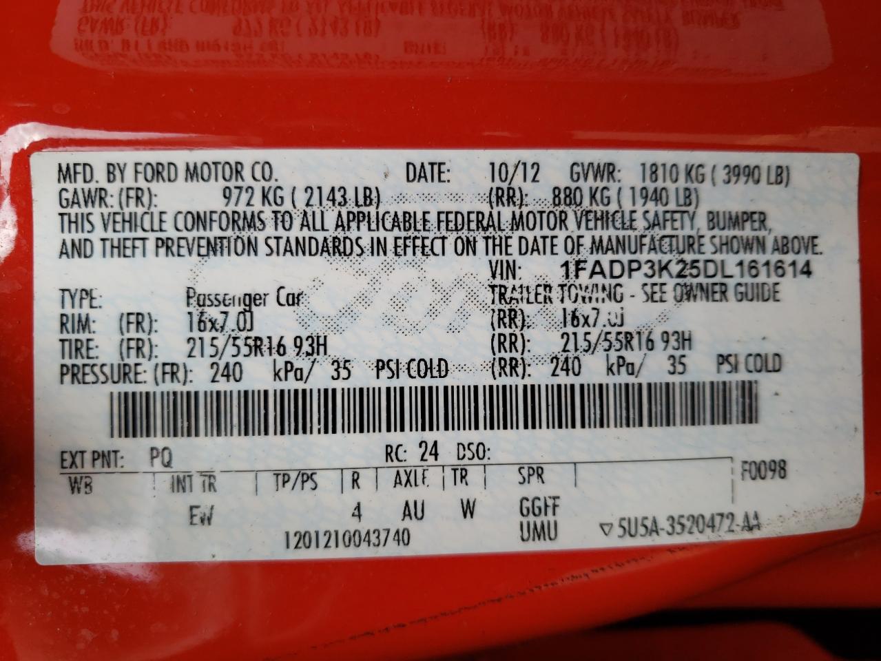 Photo 10 from auction – 2013 FORD FOCUS SE with VIN 1FADP3K25DL161614