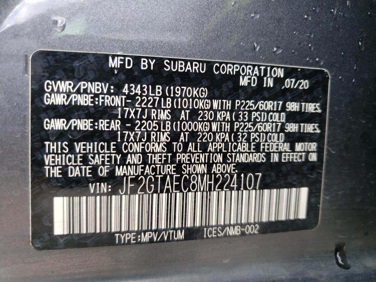 Photo 10 from auction – 2021 SUBARU CROSSTREK with VIN JF2GTAEC8MH224107