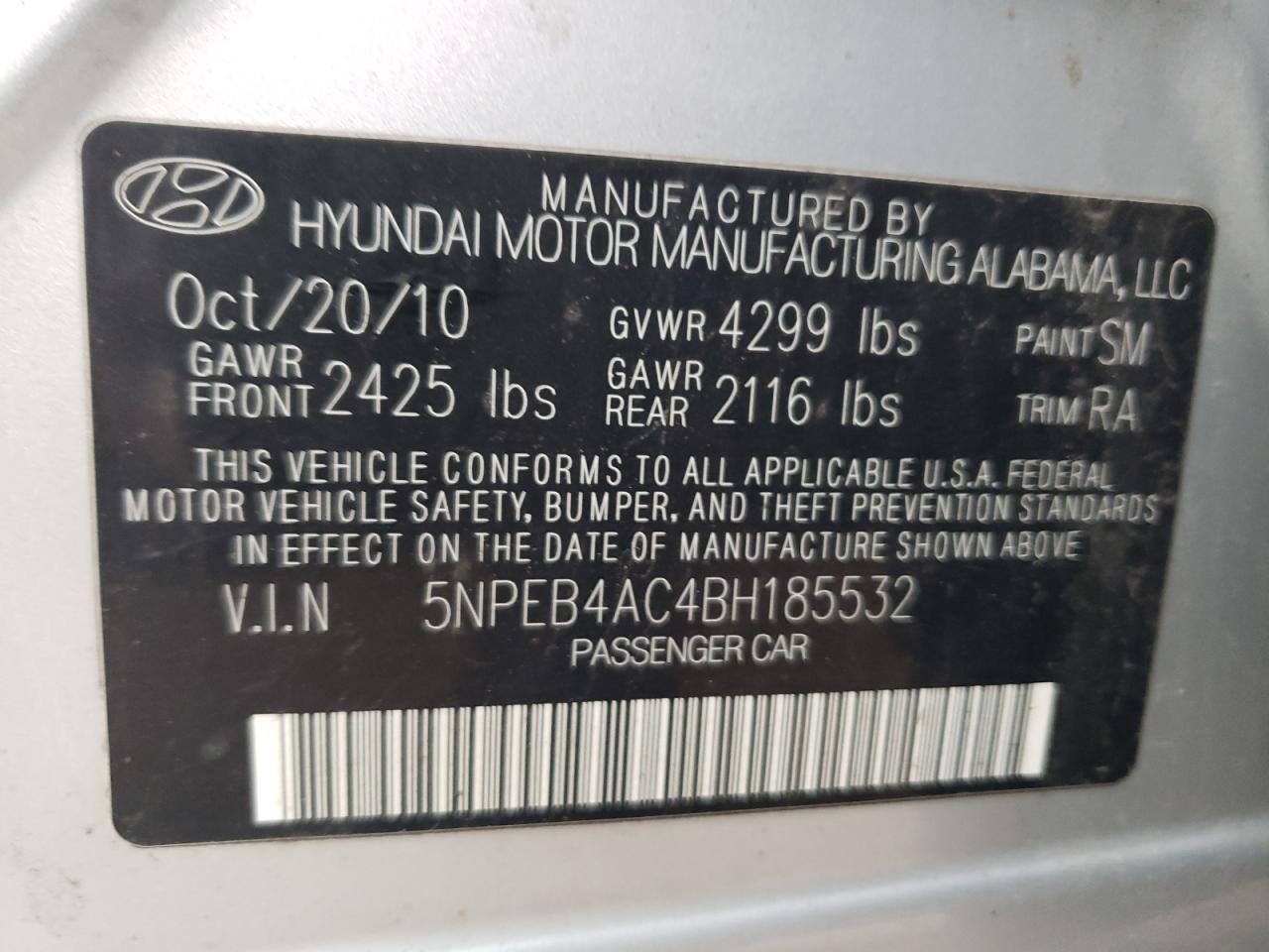 Photo 10 from auction – 2011 HYUNDAI SONATA GLS with VIN 5NPEB4AC4BH185532