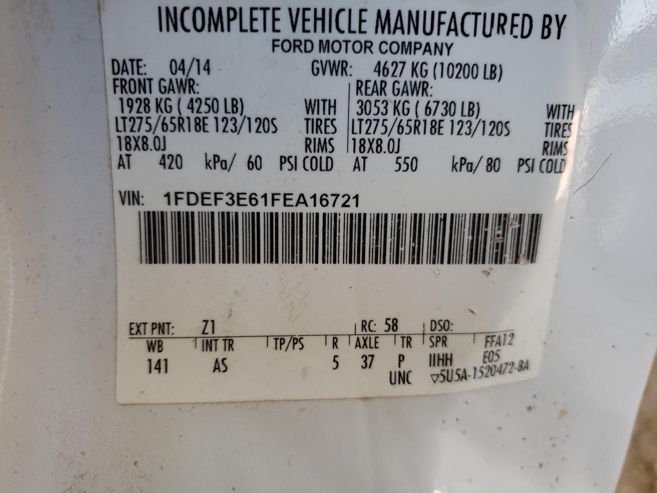 Photo 10 from auction – 2015 FORD F350 SUPER with VIN 1FDEF3E61FEA16721