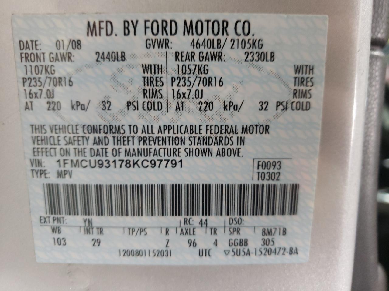 Photo 10 from auction – 2008 FORD ESCAPE XLT with VIN 1FMCU93178KC97791