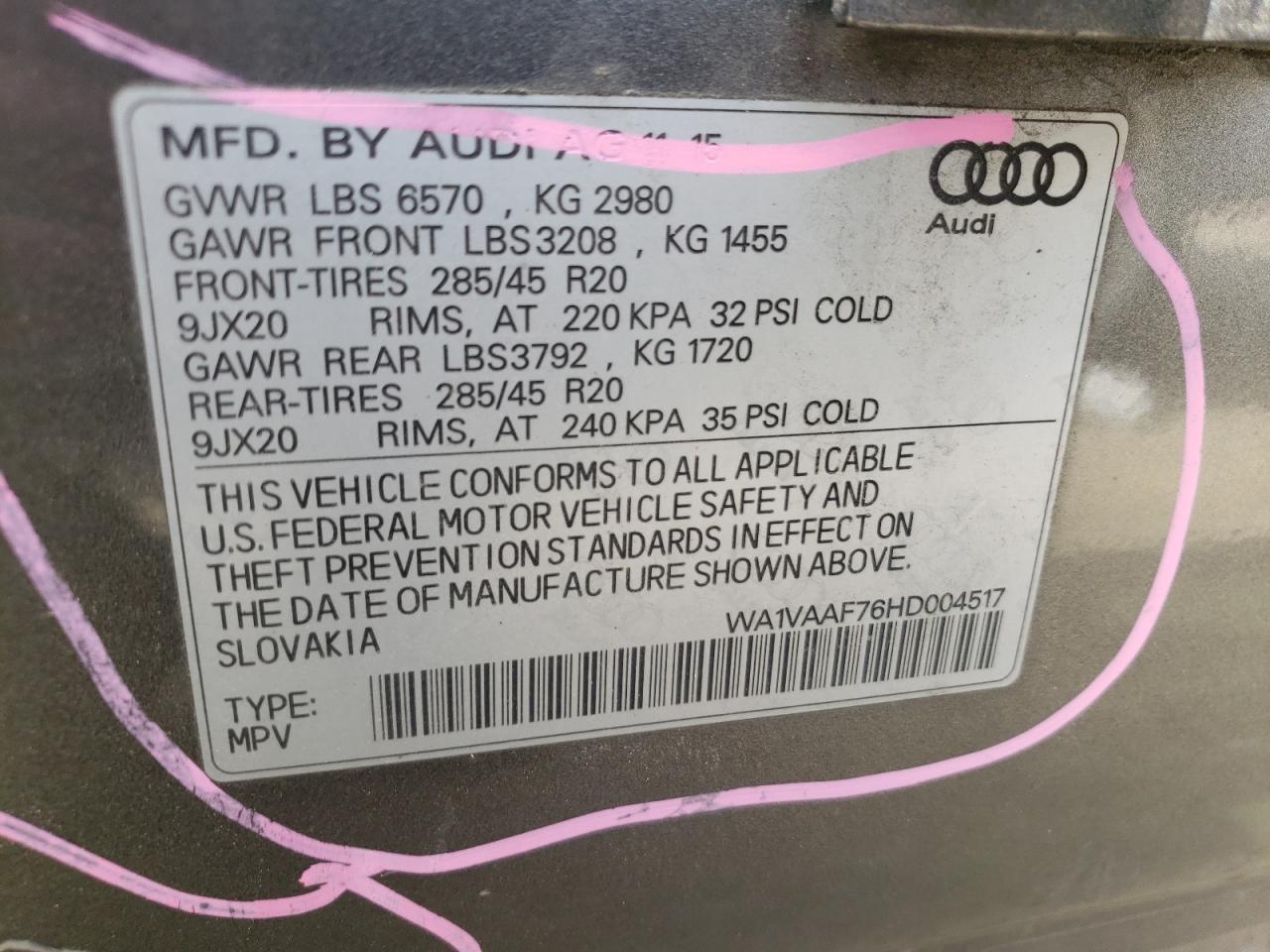Photo 10 from auction – 2017 AUDI Q7 PRESTIG with VIN WA1VAAF76HD004517