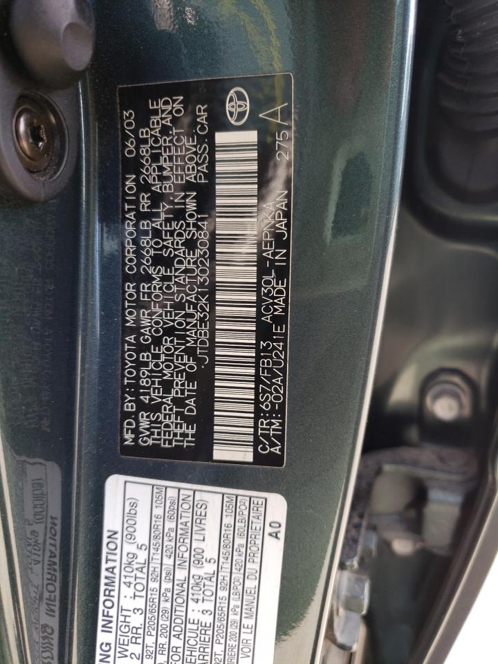 Photo 10 from auction – 2003 TOYOTA CAMRY LE with VIN JTDBE32K130230841