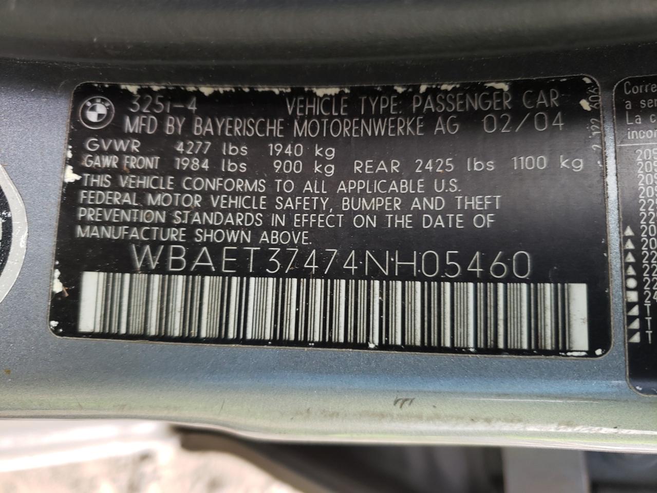 Photo 10 from auction – 2004 BMW 325 I with VIN WBAET37474NH05460