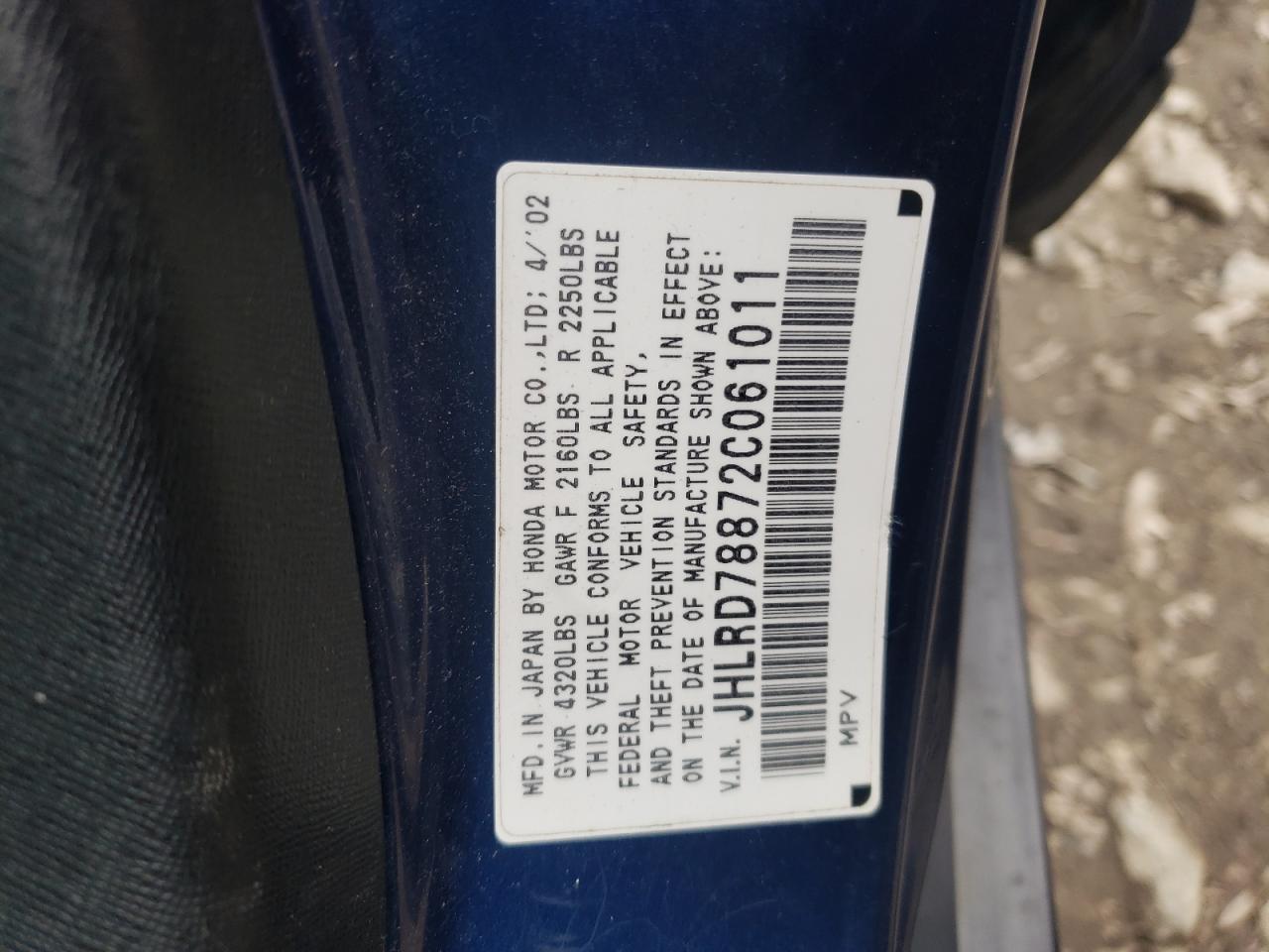 Photo 10 from auction – 2002 HONDA CR-V EX with VIN JHLRD78872C061011