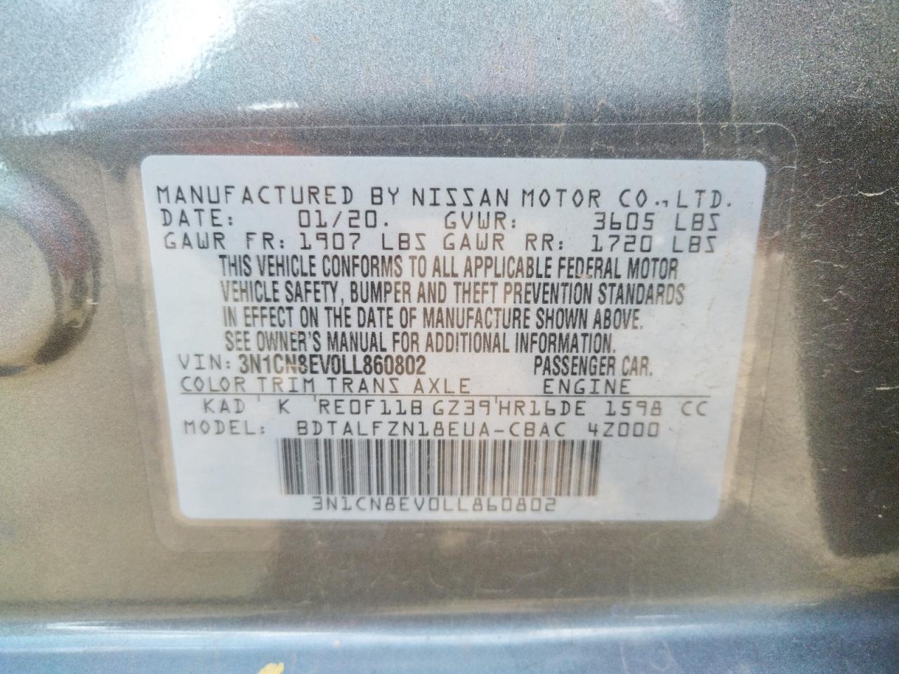 Photo 10 from auction – 2020 NISSAN VERSA SV with VIN 3N1CN8EV0LL860802