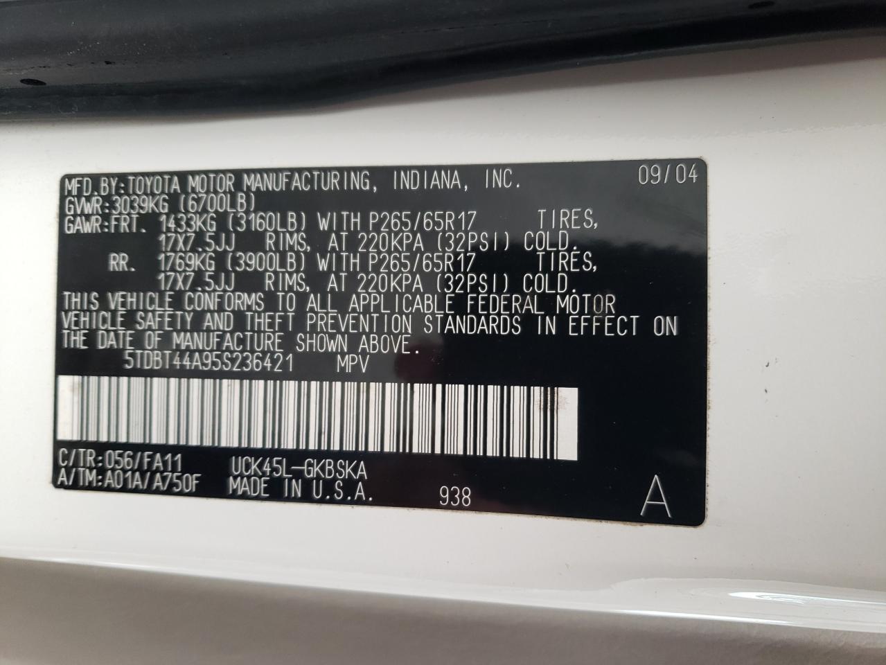Photo 10 from auction – 2005 TOYOTA SEQUOIA SR with VIN 5TDBT44A95S236421