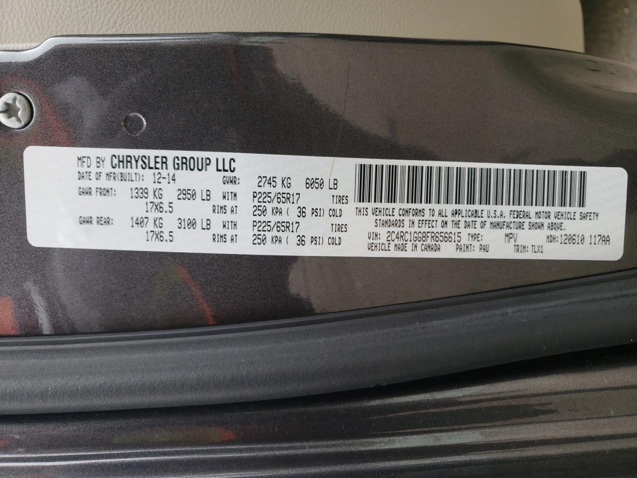 Photo 10 from auction – 2015 CHRYSLER TOWN & COU with VIN 2C4RC1GG8FR656615