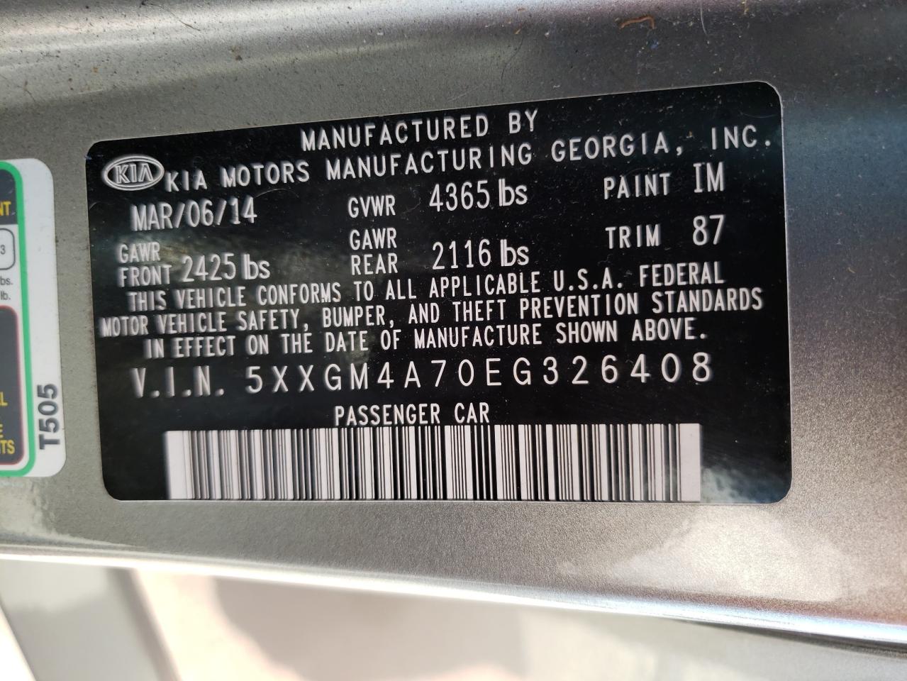 Photo 10 from auction – 2014 KIA OPTIMA LX with VIN 5XXGM4A70EG326408