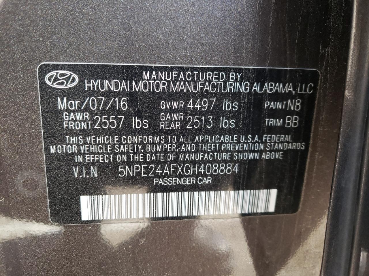 Photo 10 from auction – 2016 HYUNDAI SONATA SE with VIN 5NPE24AFXGH408884