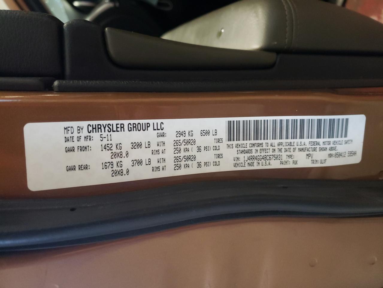 Photo 10 from auction – 2011 JEEP GRAND CHER with VIN 1J4RR4GG4BC675031
