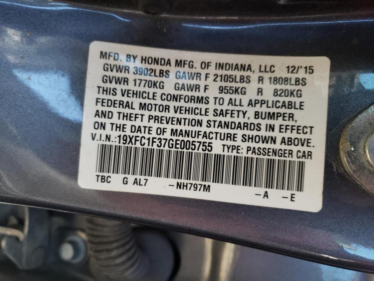 Photo 10 from auction – 2016 HONDA CIVIC EX with VIN 19XFC1F37GE005755