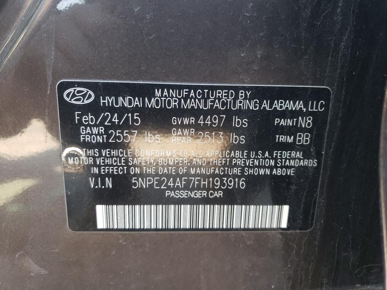 Photo 10 from auction – 2015 HYUNDAI SONATA SE with VIN 5NPE24AF7FH193916