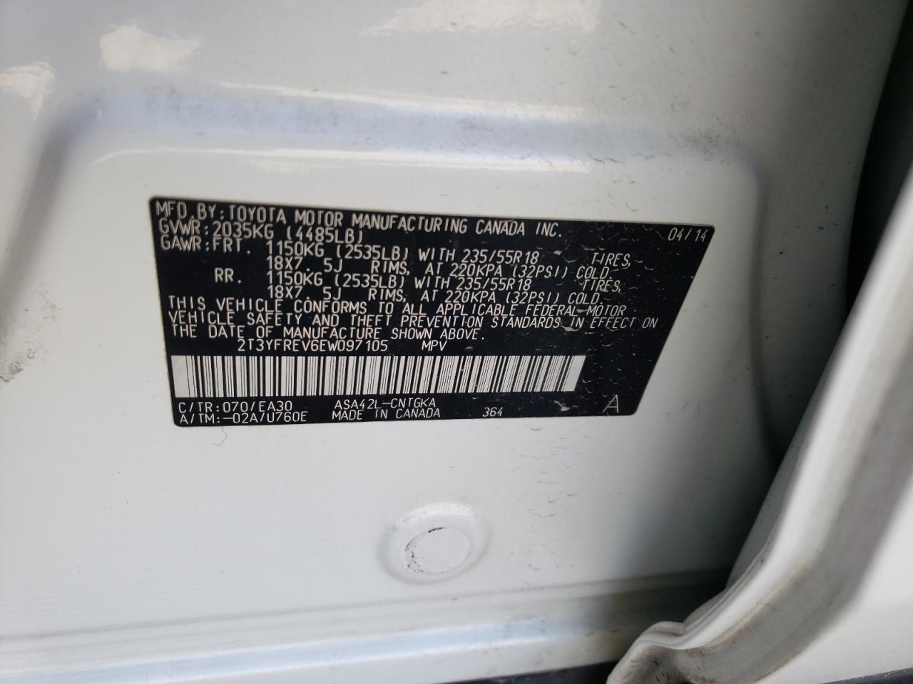 Photo 10 from auction – 2014 TOYOTA RAV4 LIMIT with VIN 2T3YFREV6EW097105