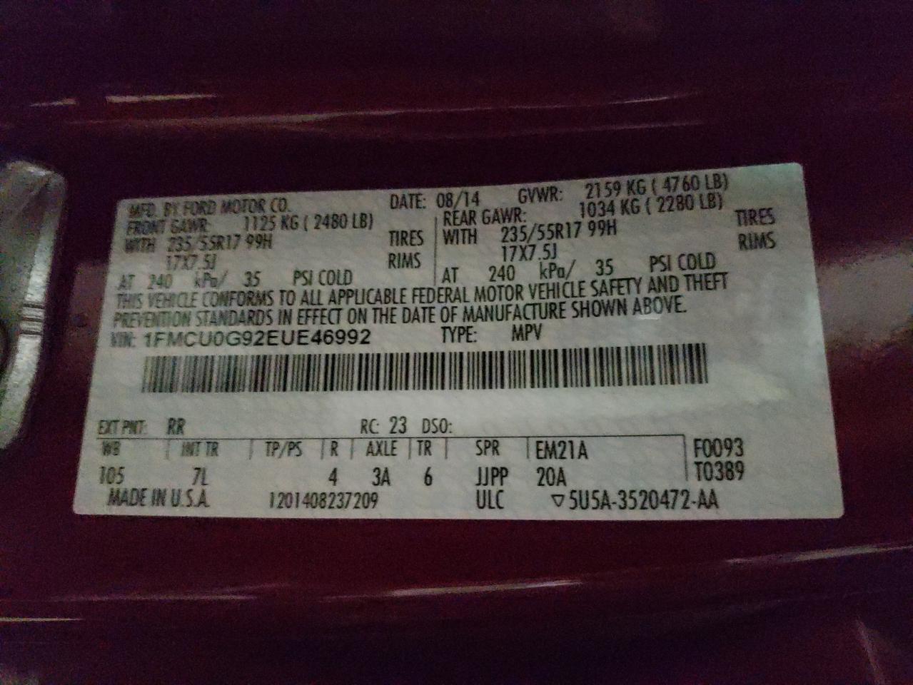 Photo 10 from auction – 2014 FORD ESCAPE SE with VIN 1FMCU0G92EUE46992