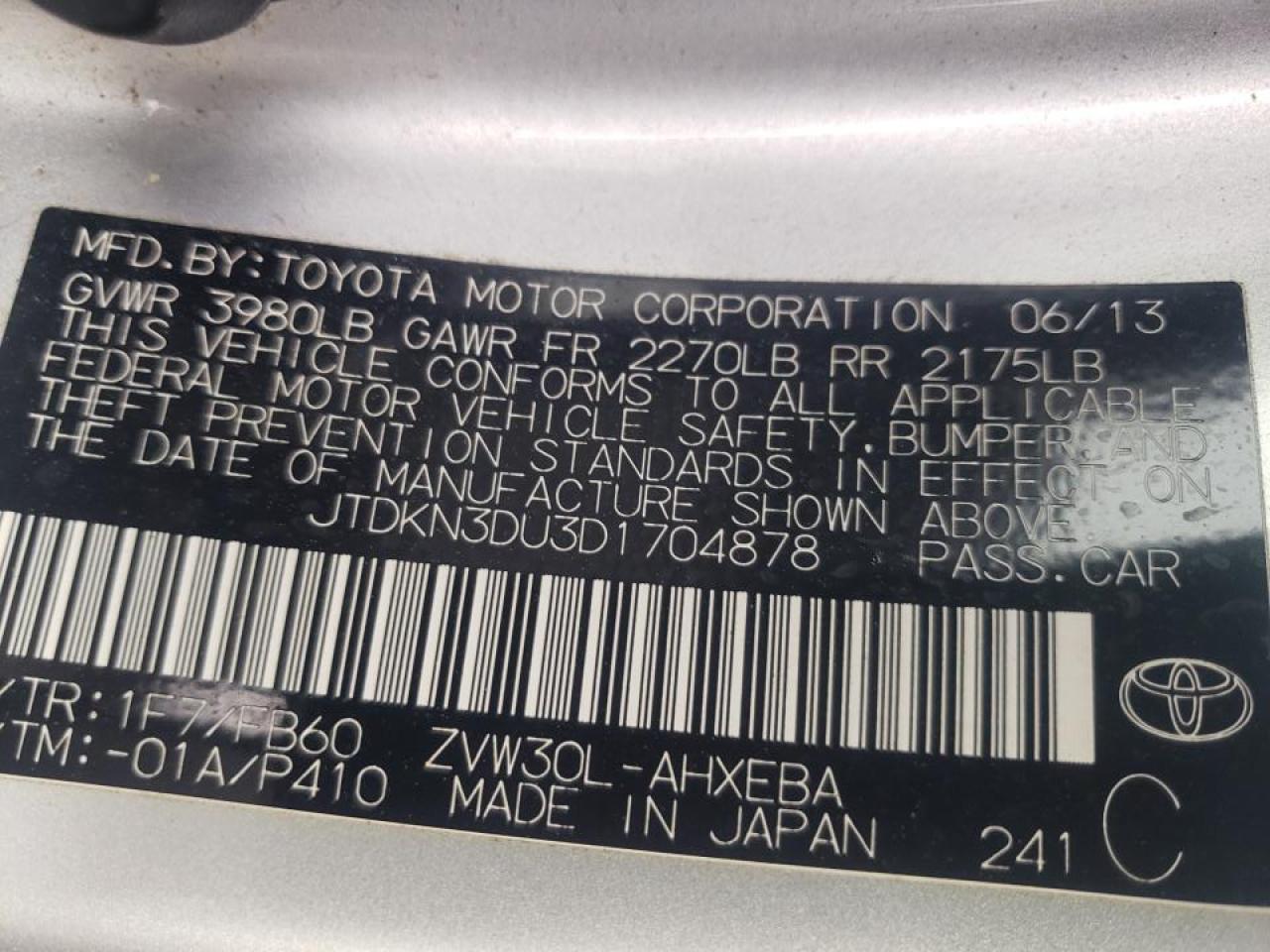 Photo 10 from auction – 2013 TOYOTA PRIUS with VIN JTDKN3DU3D1704878