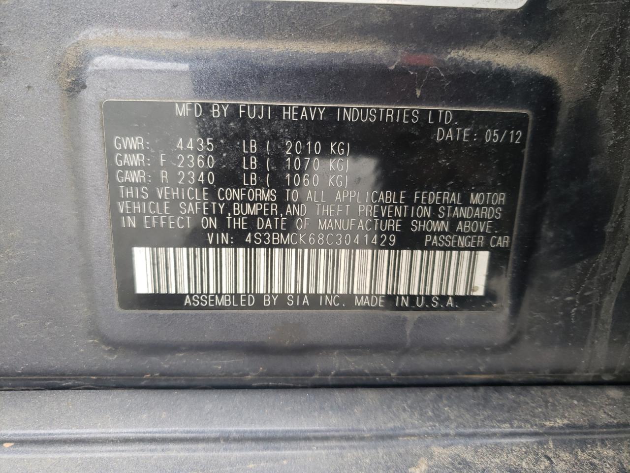Zdjęcie 10 z aukcji – 2012 SUBARU LEGACY 2.5 z VIN 4S3BMCK68C3041429