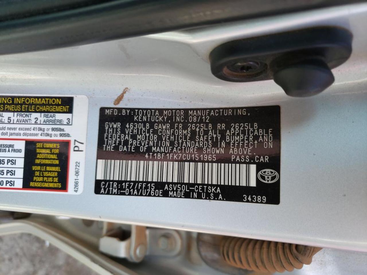 Photo 10 from auction – 2012 TOYOTA CAMRY BASE with VIN 4T1BF1FK7CU151965