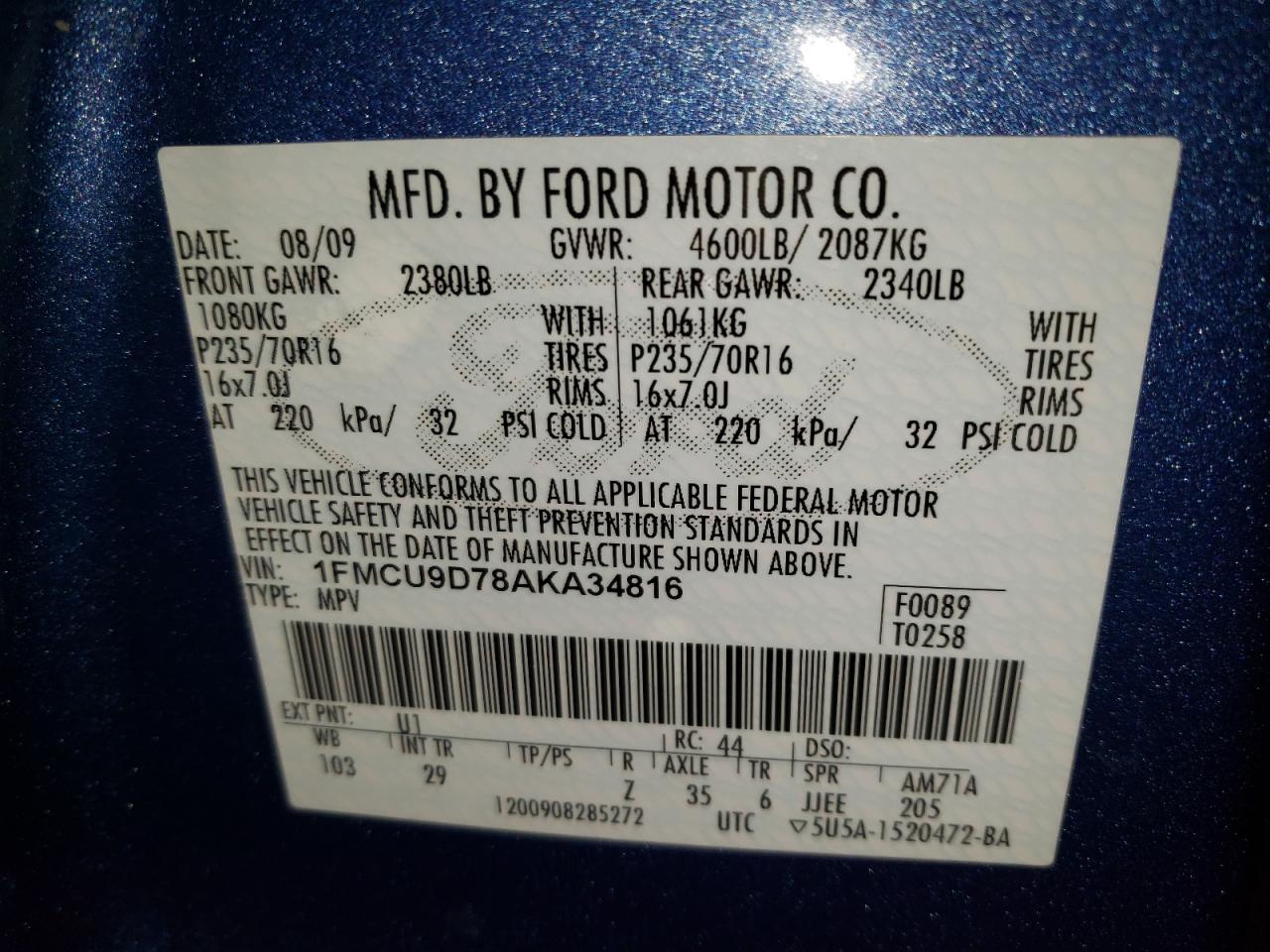 Photo 10 from auction – 2010 FORD ESCAPE XLT with VIN 1FMCU9D78AKA34816