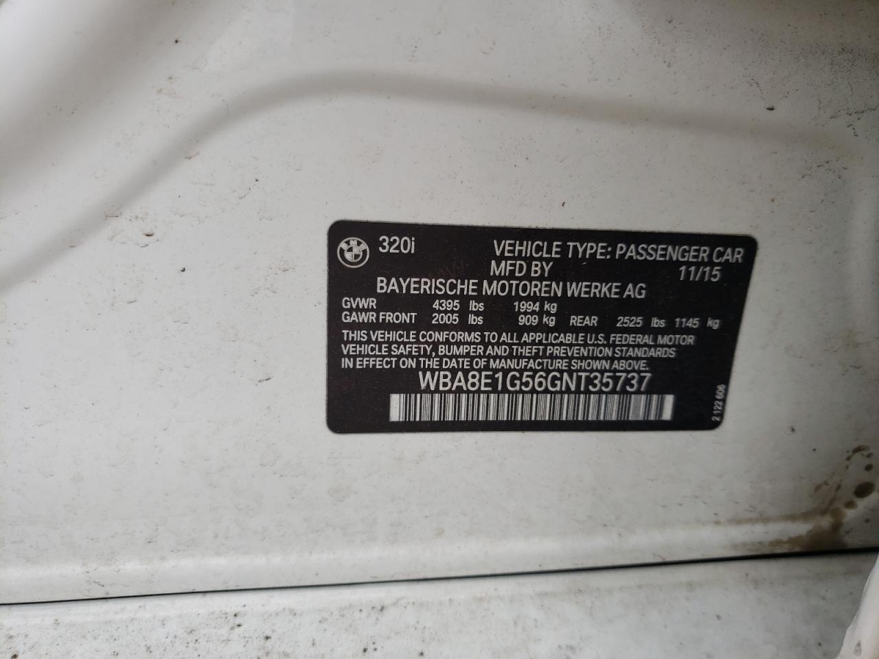 Photo 10 from auction – 2016 BMW 320 I with VIN WBA8E1G56GNT35737