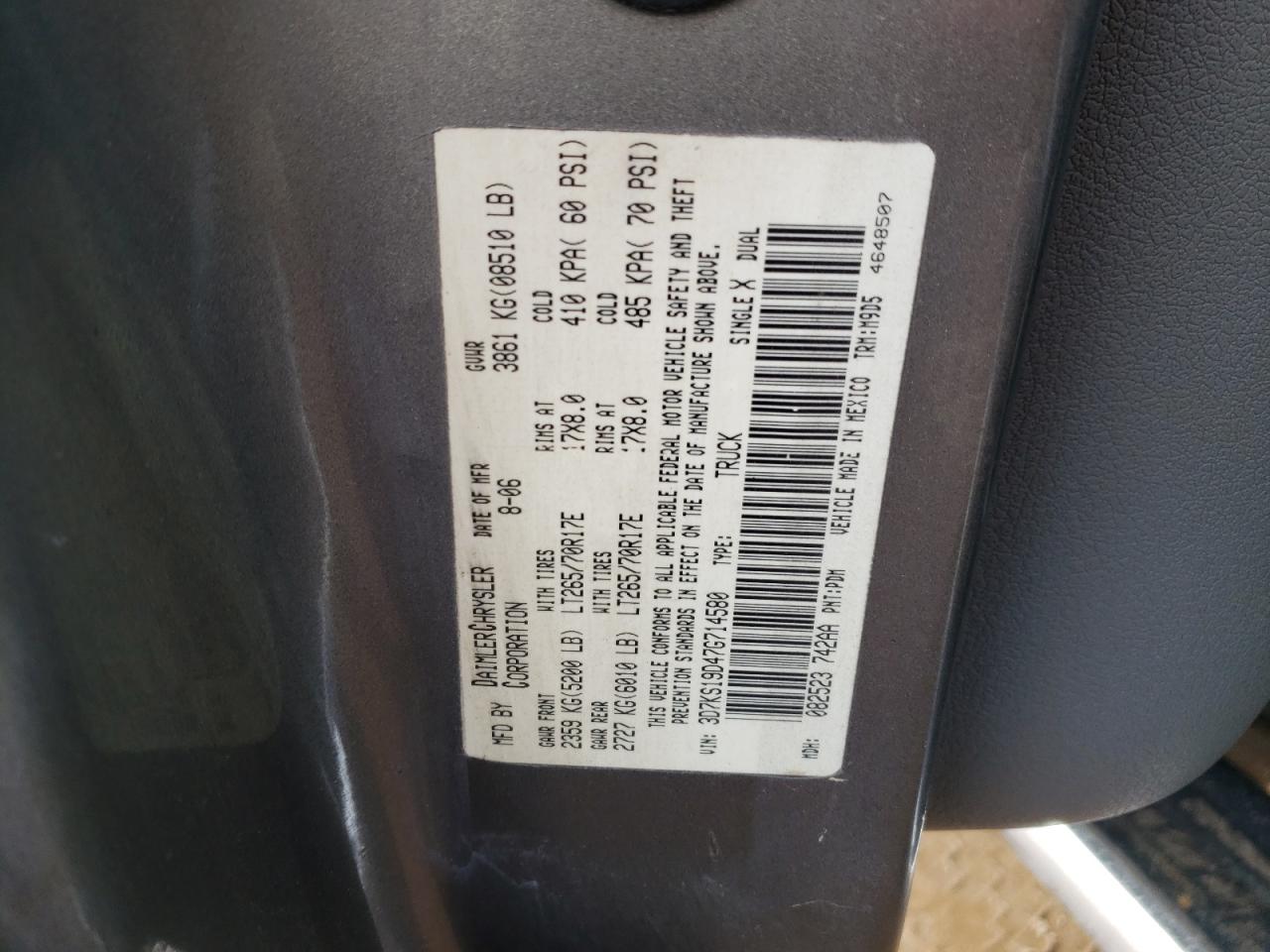 Photo 10 from auction – 2007 DODGE RAM 1500 with VIN 3D7KS19D47G714580
