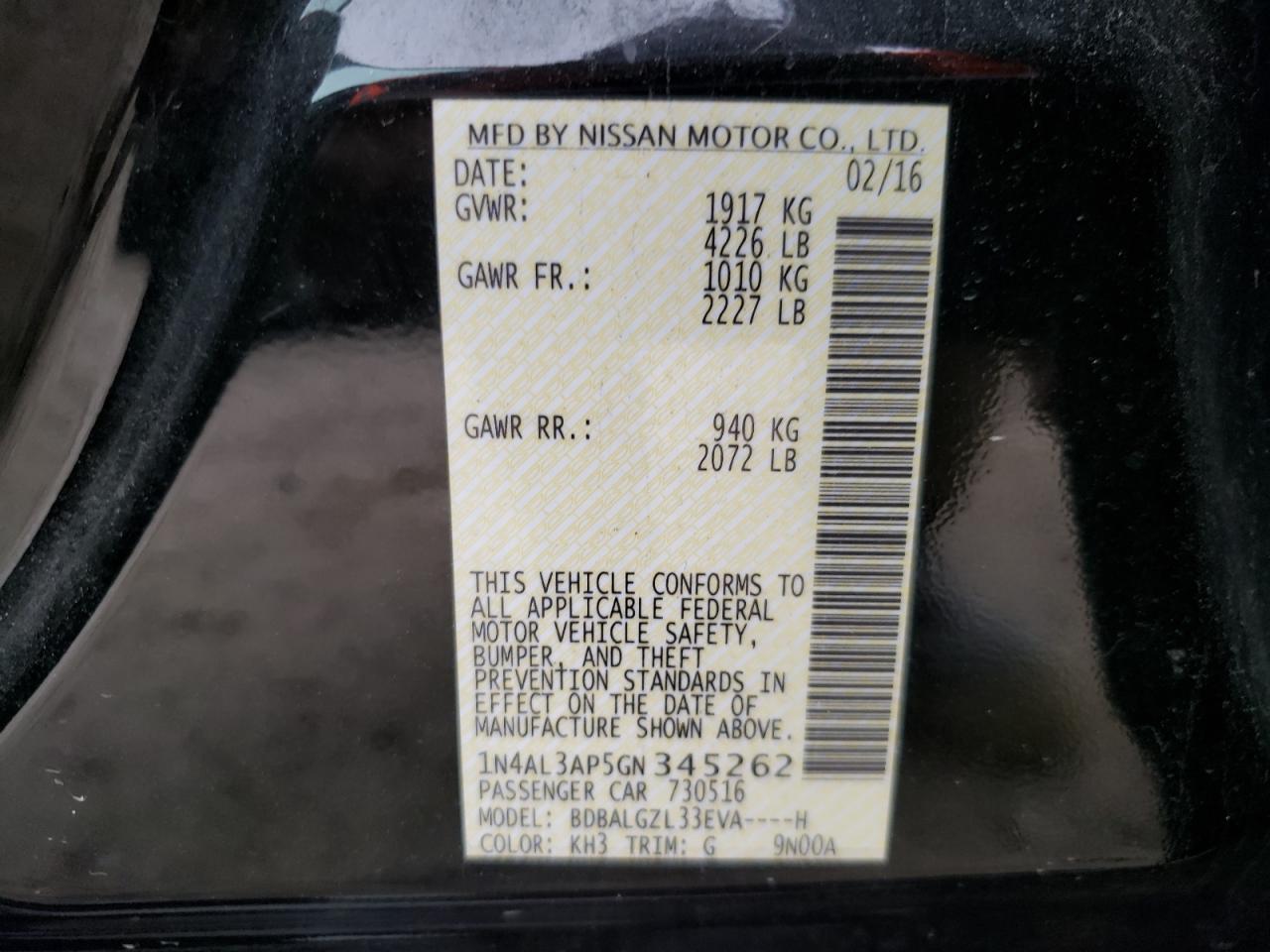 Photo 10 from auction – 2016 NISSAN ALTIMA 2.5 with VIN 1N4AL3AP5GN345262